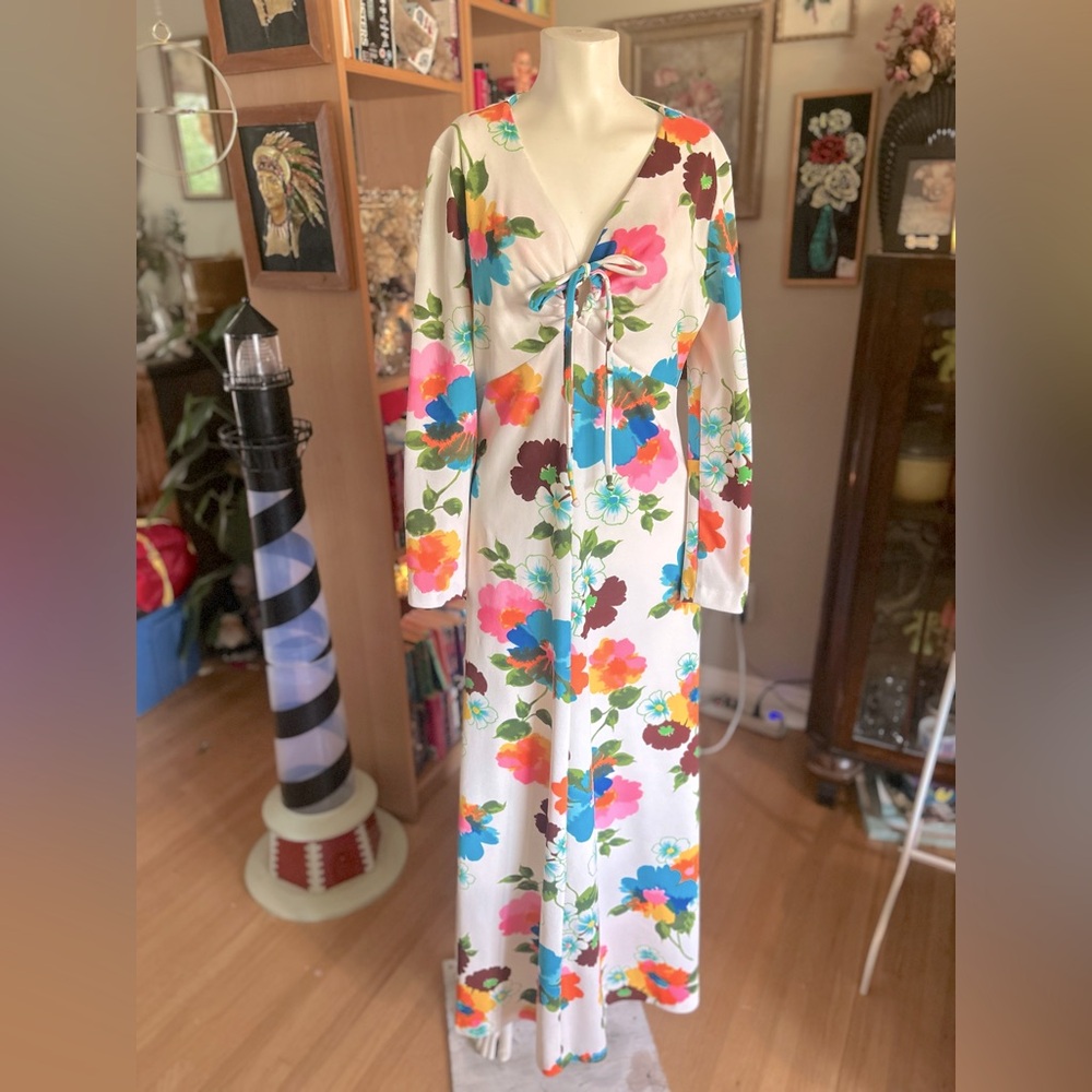Vintage 1970s Nancy G floral bright maxi with tie front